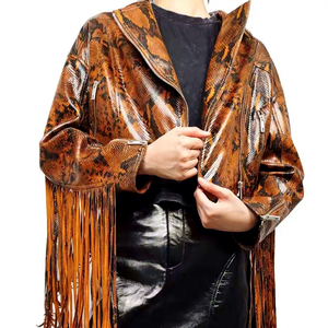 Womens Real Snakeskin Leather <b>Jacket</b> <b>Fringe</b> Sleeve Tassels Sheepskin Cognac Brown Western Biker Coat Custom Winter Outerwear - Product Image 1