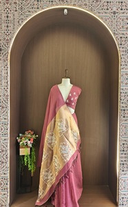 Womens Designer Embroidered Silk <b>Saree</b> Set Pink Handcrafted Ethnic Floral Embroidery <b>Golden</b> Pallu Matching Blouse - Product Image 2