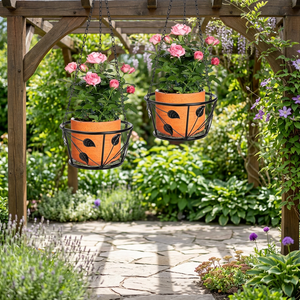 Pot de fleurs suspendu en métal rustique avec chaîne et motif de feuilles pour utilisation en jardin - Product Image 5