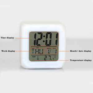 7 Colors Changing Night Light <b>Digital</b> Desk <b>Clock</b> Square LCD Display Temperature Day Date White Plastic Minimalist Design <b>Battery</b> - Product Image 3