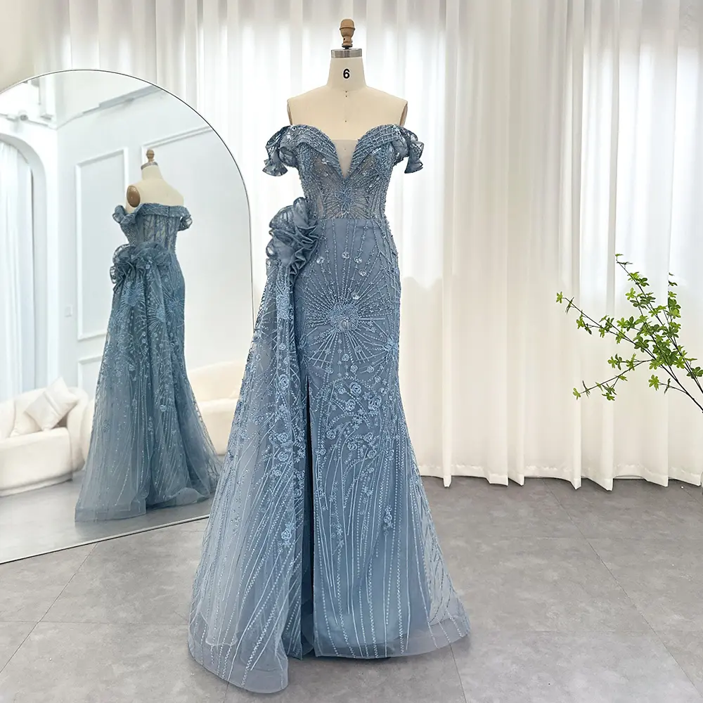 Luxury Dubai 3D Flowers abiti da sera blu sirena con soprabito elegante Plus Size donna abito da festa di nozze SCZ188