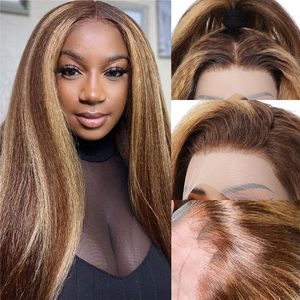 Highlight <span class=keywords><strong>Ombre</strong></span> Kinky Straight 13x4 HD Perruques frontales en dentelle Yaki pré-plumées <span class=keywords><strong>Cheveux</strong></span> humains pour femmes noires P427 Couleur blonde miel - Product Image 5