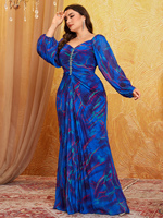 Robe de soirée maxi évasée modeste à imprimé plissé avec décoration de cristaux et de perles, col cœur, manches lanternes, taille plus, coupe aléatoire