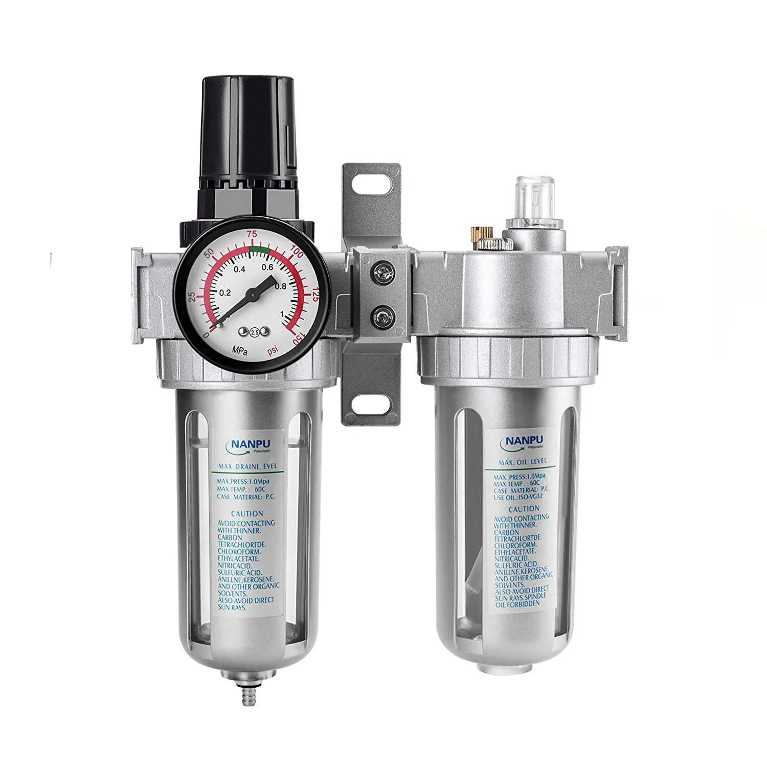 NANPU 3/8" NPT Air Filter Pressure Regulator Lubricator Dryer Gauge Kit Water/Oil Trap Separator 3 in 1 Twin Unit