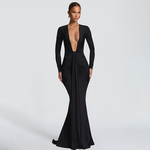 Vestido de noche con cuello en V profundo, manga larga, corte de cola de pez, elegante, formal, para mujer - Product Image 4
