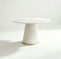 Ensemble de table à manger moderne réglable en crème avec base en pied de cheval cannelé, plateau en pierre frittée, 6 places, en cuir microfibre