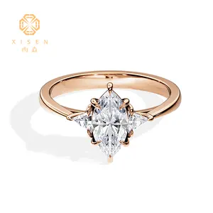 14K Cincin Berlian Emas Putih Cincin Perhiasan Berlian Marquise Potong Tiga Batu Lab untuk Cincin Pertunangan
