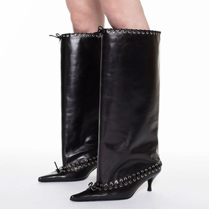 Metal Holes Decor Women Front Bow Long <b>Boots</b> Low Heels Pointed Toe Knee High Booties Pleated Loose Upper on Shoes - Product Image 4