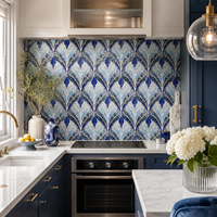 Mural Mosaik Kaca Daun Biru Kustom, Seni Dinding Dekoratif untuk Dapur, Hotel, Vila, Spa, Dinding Latar Belakang