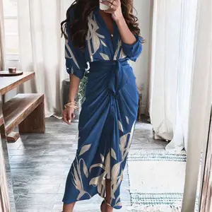 2023 Spring and Summer new women's floral dress foreign trade trendy clothing grace printed pleated slim-fit long sleeve dress