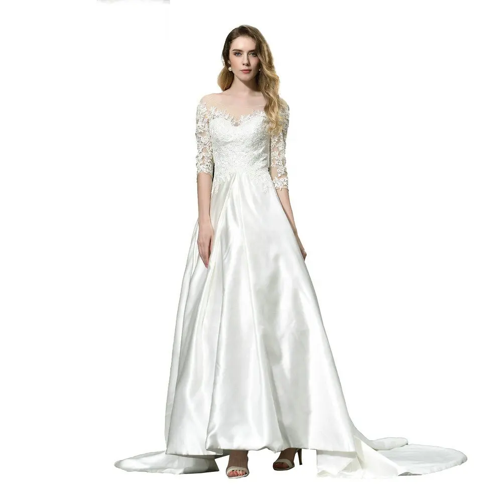Ruolai ASA32387 иллюзионное платье невесты с глубоким декольте 3/4 рукава атласные свадебные платья для женщин