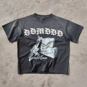 Camiseta XJYD de Alta Calidad para Hombre, Estilo Urbano, Personalizada con Pedrería, Serigrafía, Parches, Dobladillo Irregular, Corte y Costura, Lavado con Efecto Diamante - Product Image 1