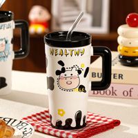 Tasse en céramique de vache dessin animé mignon 680ml tasse de paille en céramique de grande capacité tasse de lait de café portable avec couvercle tasse de souvenir de cadeau d'anniversaire