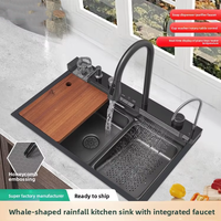 Évier de cuisine multifonctionnel Whale avec affichage numérique, évier simple grand format de luxe en acier inoxydable 304 avec revêtement nano, pour une égouttée optimale