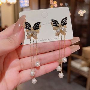 Korean Ins New Gold Butterfly <b>Earrings</b> Light Luxury Fashion Long Tassel Pearl Gold Plated Women's Personality Wild Ear <b>Studs</b> - Product Image 1