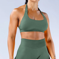 Set Yoga Celana Pendek High Stretch dan Atasan Halter Neck dengan Logo Custom, Bahan Nylon, untuk Olahraga, Fitness, dan Yoga Wanita