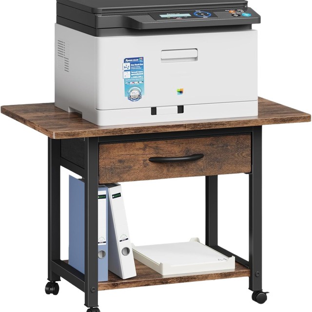 Cross-border Double Tier Wood Office Printer Rack Floor-standing Wheel Storage Trolley with Drawer Household