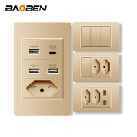 BAOBEN Panneau PC Ignifuge Prise Murale Standard Brésil Double USB Type C Interrupteur d'Éclairage Bureau 118*72mm Or 10A 20A