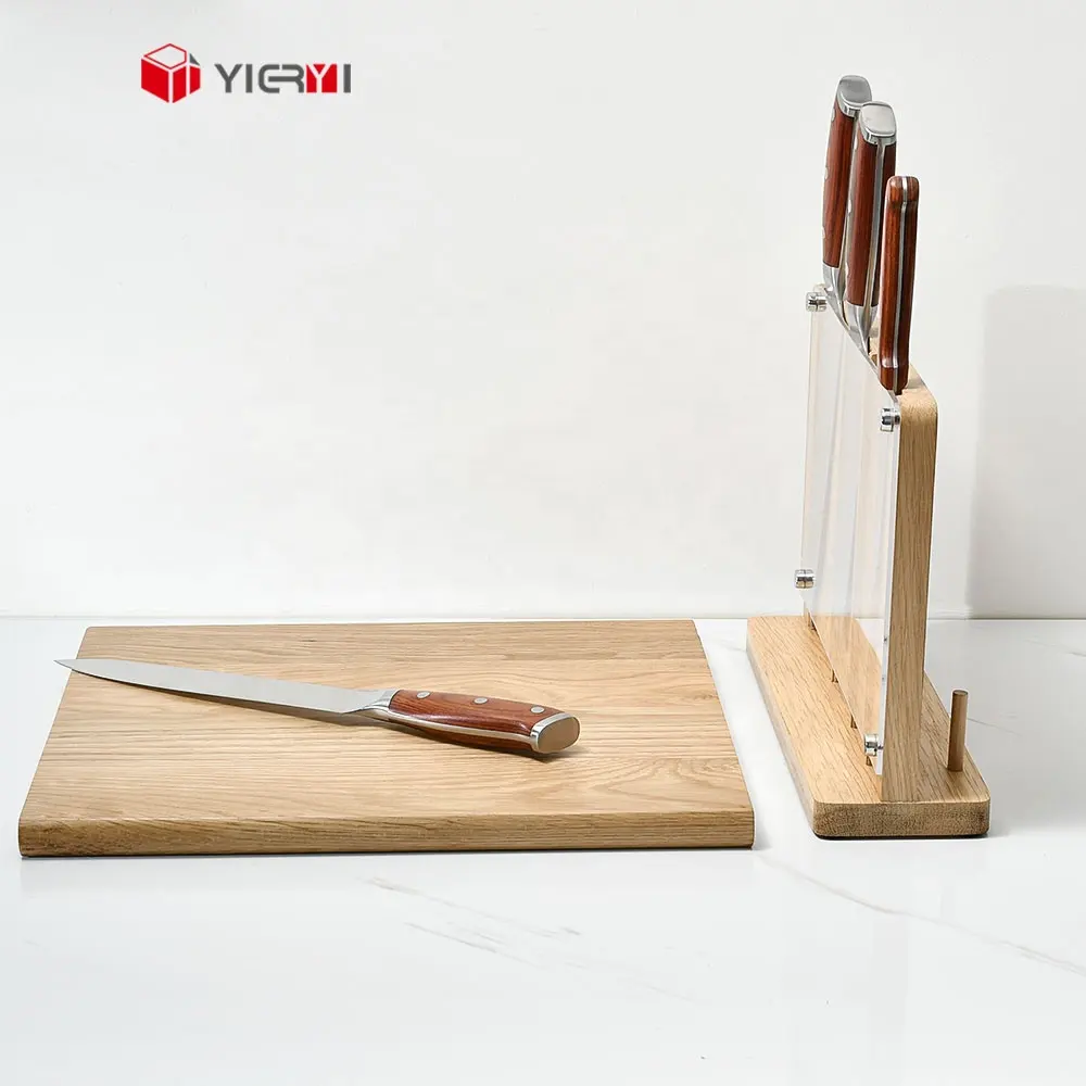 Juego de cuchillos magnéticos de madera de roble con tablero de desayuno Messerblock soporte magnético para cuchillos con vidrio acrílico antideslizante