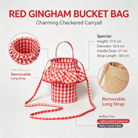 Tas Selempang Wanita Motif Kotak-kotak Merah Putih dengan Ruffle, Bahan Kanvas, Tali Lepas Pasang, Tas Bahu Lucu untuk Sehari-hari