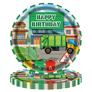 Assiettes en papier sur le thème du camion poubelle, vaisselle jetable pour fête d'anniversaire des enfants, style dessin animé, design écologique - Product Image 1