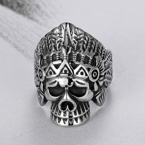 Anillo de Calavera <span class=keywords><strong>Punk</strong></span> Gótico para Hombre y Mujer, Joyería de Motociclista Hecha a Mano, Acero Inoxidable, Estilo <span class=keywords><strong>Retro</strong></span> Americano, Jefe de los Guerreros - Product Image 2