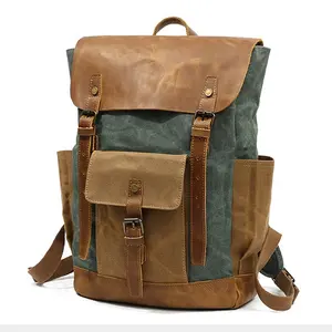 Wholesale large Oil Wax Canvas Leather Retro Backpack waterproof sport high quality travel school bags for men laptop backpack