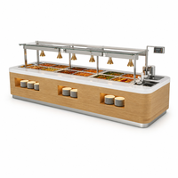 Table de buffet commerciale en bois avec protection anti-éclaboussures en verre, bain-marie chauffant à quatre bacs pour restaurant