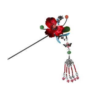 [Fabriqué à la main] Ensemble de pinces à cheveux en velours rouge haut de gamme avec pompons, de style chinois traditionnel, parfait pour le Hanfu - Product Image 5