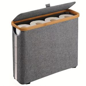 Panier de rangement pour papier toilette de salle de bain avec couvercle, organiseur de papier toilette fin et étroit, bac de rangement pliable en bambou - Product Image 1
