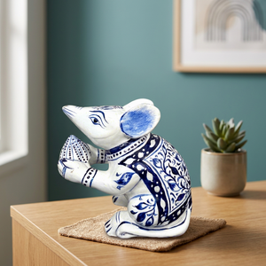 NIRMALA HANDICRAFTS Handcrafted Enamel Metal Blue Pottery Mouse Figurine Floral Pattern | <b>Decorative</b> Statue | Indian Home <b>Decor</b> - Product Image 3