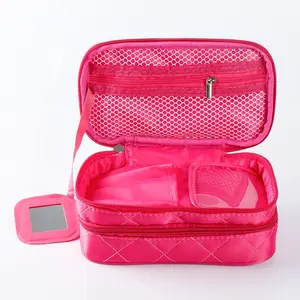 Two Zipper Compartments Handle Storage Toiletry Cosmetic Makeup Bag For Women With Mirror