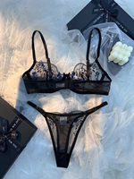 Set Lingerie Wanita 2 Potong dengan Tali dan Cup Berenda, Bra dan Celana Dalam Seksi, Pakaian Tidur dengan Pita, Set Lingerie Transparan