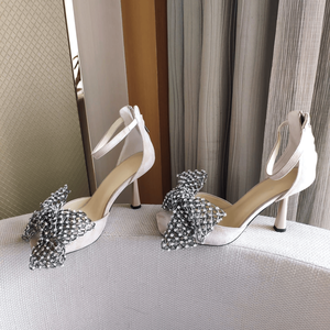 Women Dark Blue High Heel <b>Sandals</b> with Rhinestone Mesh Bow Ankle Strap Party Dress Shoes - Product Image 2