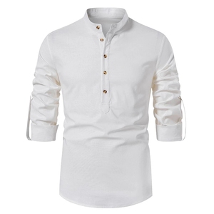 Camicia da <span class=keywords><strong>uomo</strong></span> bianca a maniche lunghe con colletto alla coreana camicia in cotone e <span class=keywords><strong>lino</strong></span> Henley Casual Hippie Beach - Product Image 2