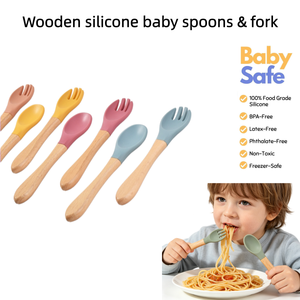 Juego <span class=keywords><strong>de</strong></span> alimentación <span class=keywords><strong>para</strong></span> bebés recién nacidos <span class=keywords><strong>de</strong></span> madera <span class=keywords><strong>de</strong></span> haya y silicona, con cuchara y tenedor curvos <span class=keywords><strong>para</strong></span> servir <span class=keywords><strong>arroz</strong></span>, con mango <span class=keywords><strong>de</strong></span> madera, personalizable al por mayor - Product Image 1