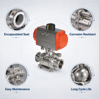 Vanne à boisseau sphérique sanitaire à commande pneumatique 3 pièces SS304, raccord Tri-Clamp, siège encapsulé, 1000 PSI, OEM, pour eau ultrapure et autres applications