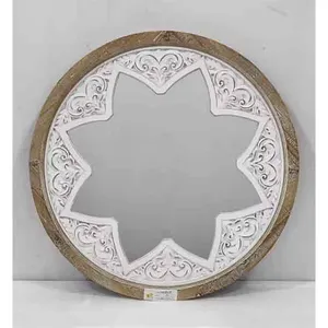 INNOVA Custom unique home decor round white washed carved wooden frame wall mirror supplier