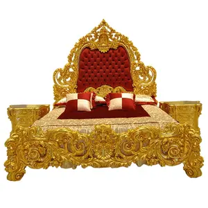 Кровать большого размера императорская в арабском стиле, новая коллекция, роскошная королевская кровать большого размера с золотыми листьями, ручная работа, Резная Кровать из дуба в индийском стиле