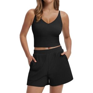 Womens Pajama Set 2 Piece Summer Outfit Crop <b>Top</b> High Waist Shorts Rib Fabric Breathable Casual Lounge Matching Set - Product Image 3