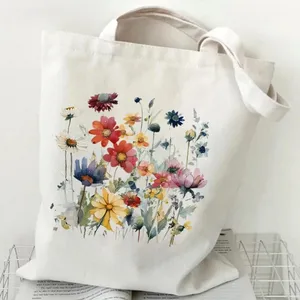 Sacs fourre-tout en toile réutilisables imprimés de fleurs sauvages en aquarelle, vente en gros pour femmes - Product Image 2