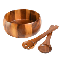 Accueil Bol à salade en bois d'acacia de laurier Ensemble de saladiers en bois Grand bol de service avec cuillère à salade et fourchette Ustensiles de service