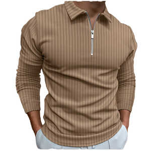 Manches longues de haute qualité pour polos pour le printemps et l'automne, tissu tricoté uni à rayures avec fermeture éclair, style décontracté et sportif - Product Image 1