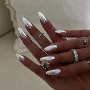 Prensa Aurora para <span class=keywords><strong>Uñas</strong></span> Postizas <span class=keywords><strong>con</strong></span> Diseño Francés Blanco, Parche Simple de Almendra para <span class=keywords><strong>Uñas</strong></span> Postizas, Cubierta Completa Ovalada, 24 Unidades - Product Image 1