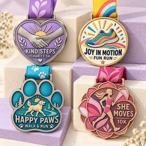 Médailles de finisseur personnalisées pour course caritative, course de plaisir, promenade avec les animaux et course de 10 km pour femmes, avec des motifs métalliques colorés et des rubans d'événement personnalisés - Product Image 1