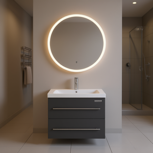 Mueble de Baño con Espejo Redondo con Iluminación LED, Diseño Moderno de Pared, Lavabo de Cerámica, Material MDF - Product Image 2