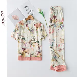 soft cotton feel Notch-Collar short sleeve Pajama Set in water colour painting