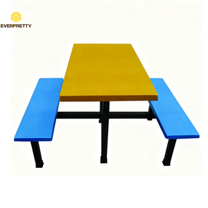 Mesa y Sillas Modernas para Restaurante, Comedor, Cantina, Muebles para Cafetería, Mesa Fija para Cantina con Bancos Azules Integrados - Product Image 2