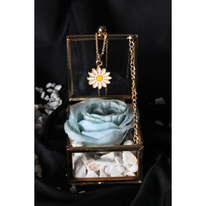 Scatola decorativa con coperchio di vetro in metallo blu rosa placcato oro Daisy regalo