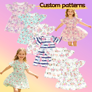 Los más nuevos niños hombro frío Flutter manga vestido verano Casual Ruffle Twirl vestido unicornio <span class=keywords><strong>y</strong></span> flor una línea bebé niña vestido - Product Image 1
